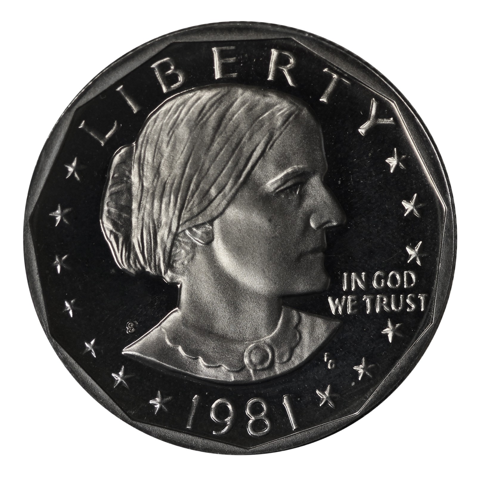 1981 S Susan B Anthony Dollar Type 1 (Filled S) Gem DCAM Proof CN-Clad 1981 S Susan B Anthony Dollar Type 1 (Filled S) Gem DCAM Proof CN-Clad