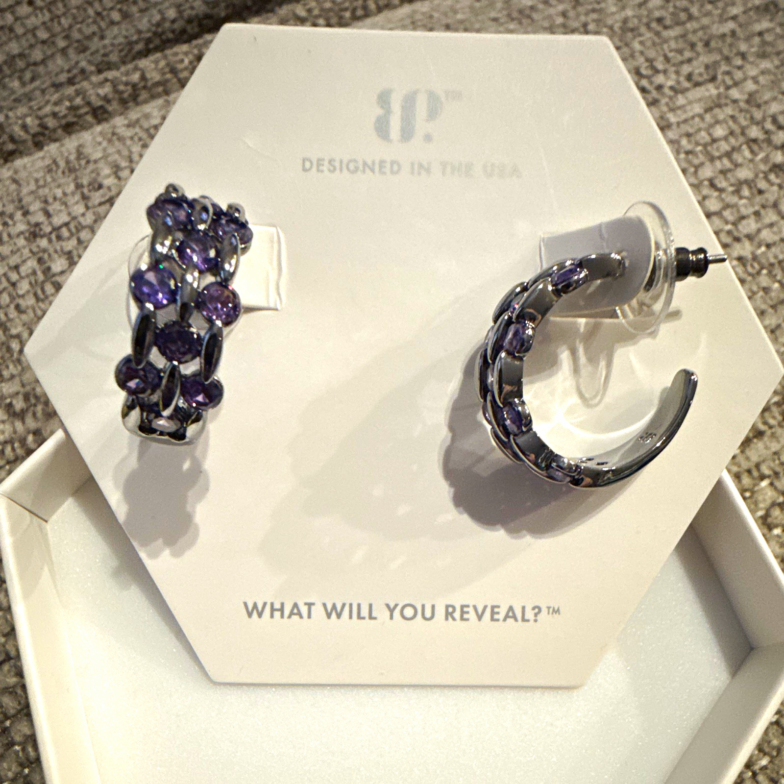 Never Just Pretty ER55219 Dark Purple CZ & Topaz Hematite Plated Hoop Earrings Never Just Pretty ER55219 Dark Purple CZ & Topaz Hematite Plated Hoop Earrings