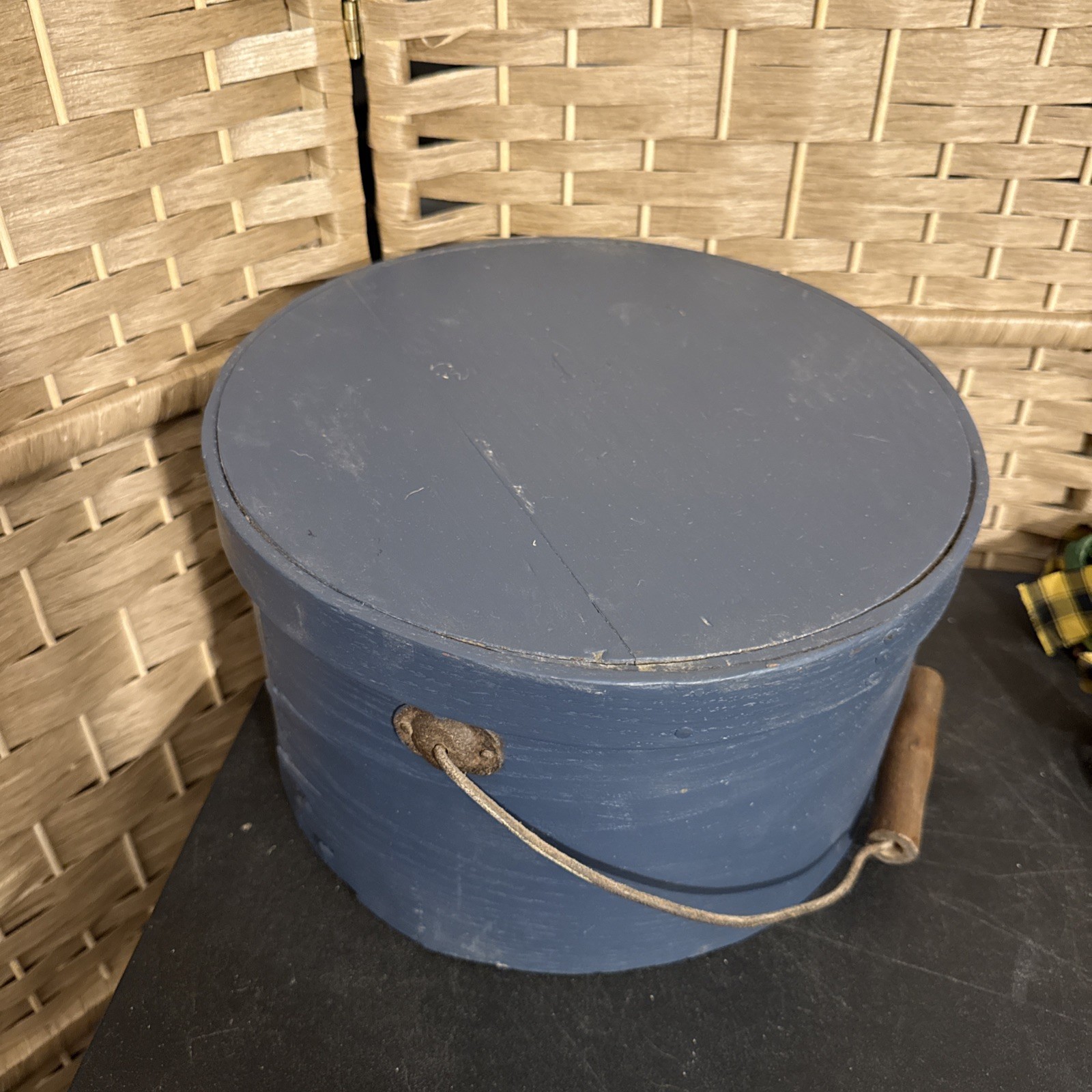 antique round pantry box 11.5 X 6.25 high dark blue paint original 19th