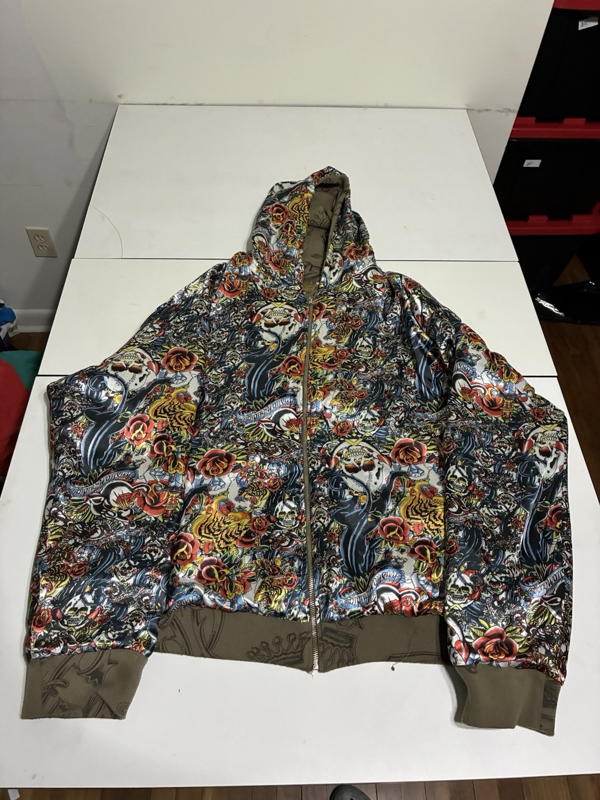 Christian Audigier Hoodie 3XL Reversible Tattoo Skull Y2K Ed Hardy Grunge Punk