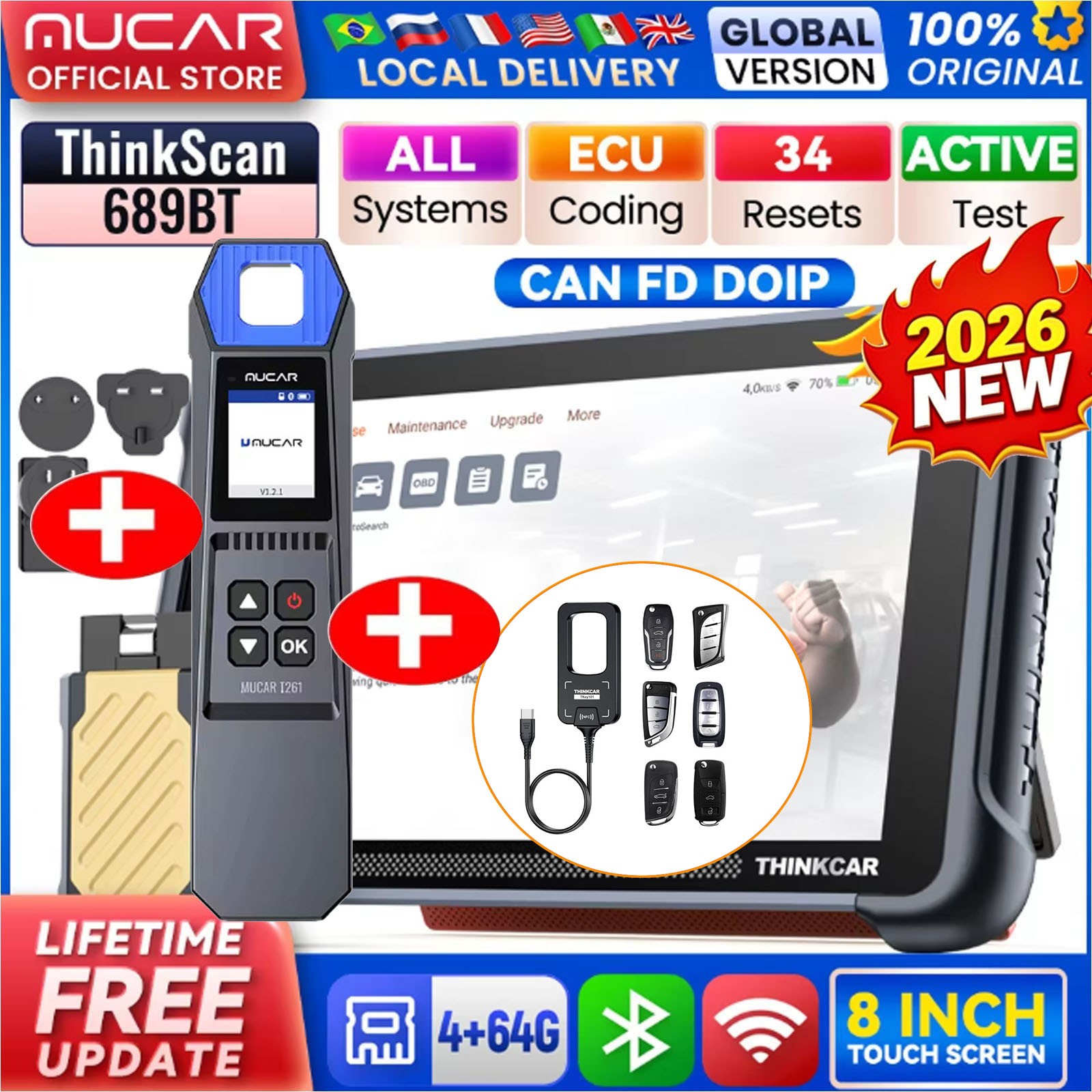 ThinkScan 689BT OBD2 Diagnostic Tool CANFD&DOIP Car TPMS KEY Programming Scanner
