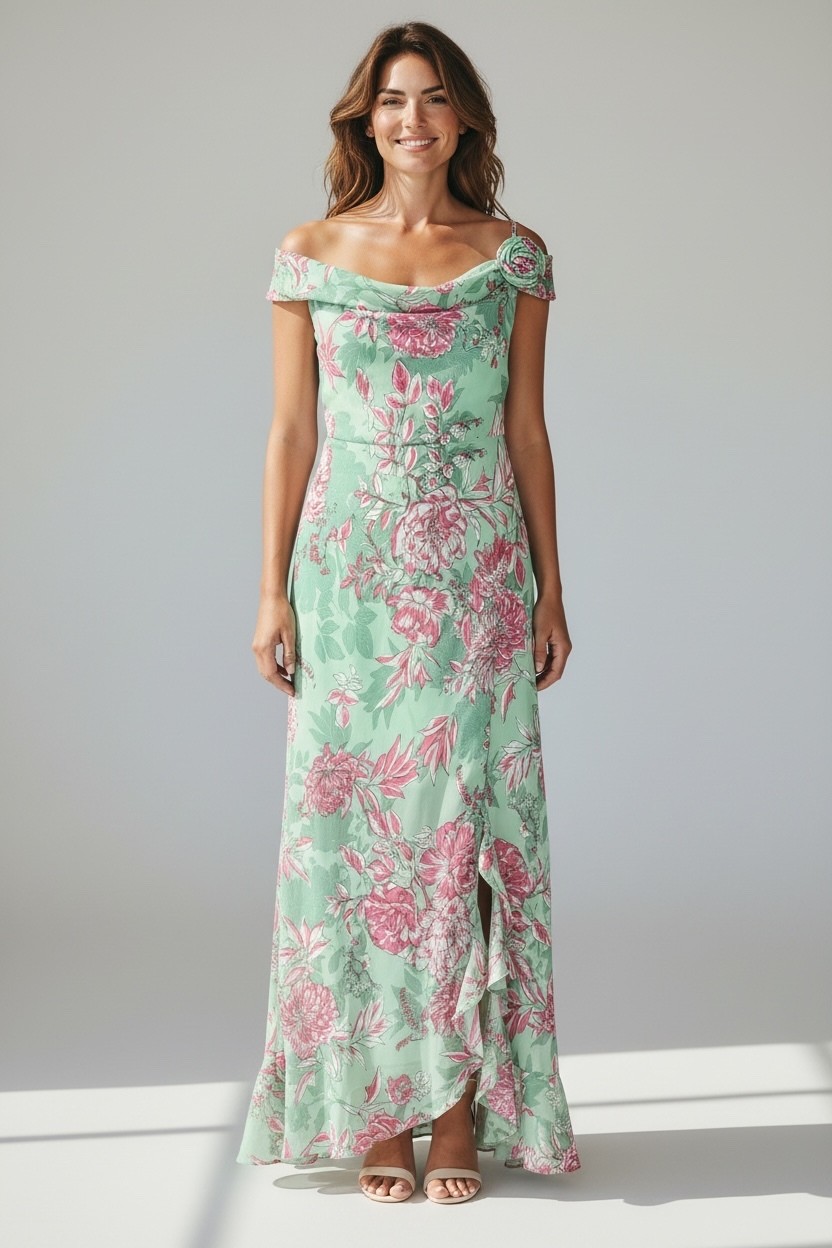 Zara Women\'s Floral Off-Shoulder Maxi Dress, Size M, Mint Green with Pink Flower