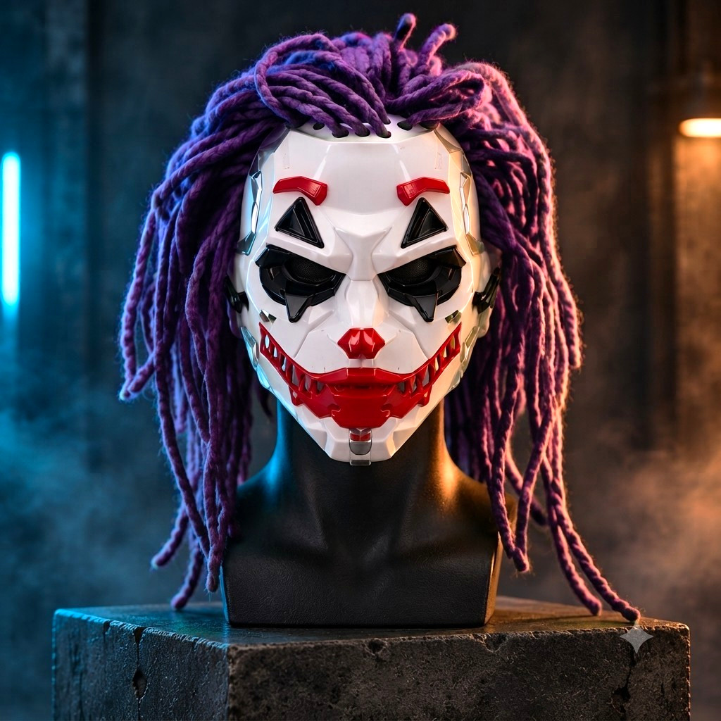 Cyber Joker Full Face Mask w/ Purple Dreadlock Hair, Adult Unisex One Size