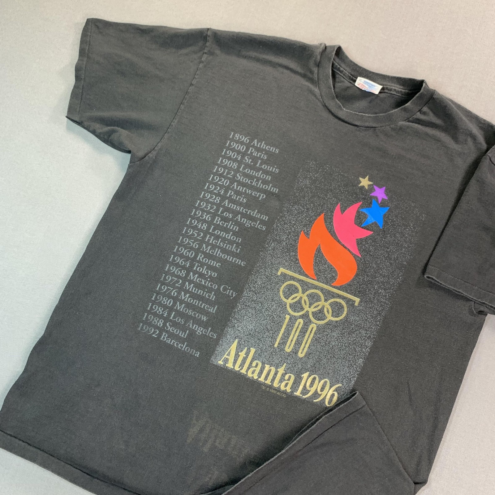 VTG Atlanta 1996 Olympic Games Shirt Mens XL Black Hanes Graphic Tee SINGLE STCH