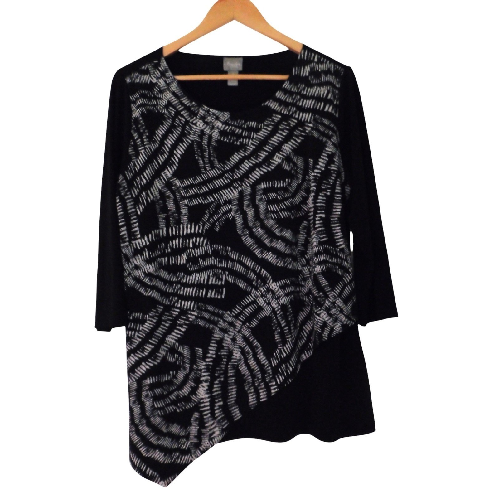 Chico\'s Travelers Sz. L 2 Black & White Colorblock Print Solid Slinky Tunic Top