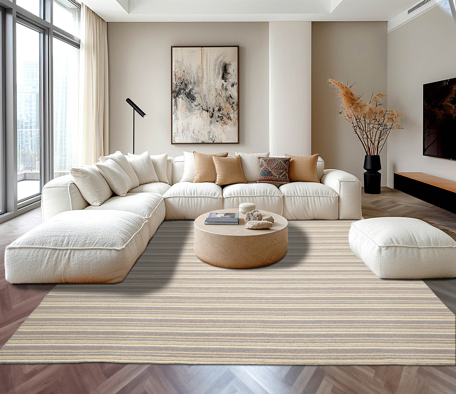 LoomBloom Multi Sizes Ivory Hand Woven Striped New Zealand Wool Area Rug