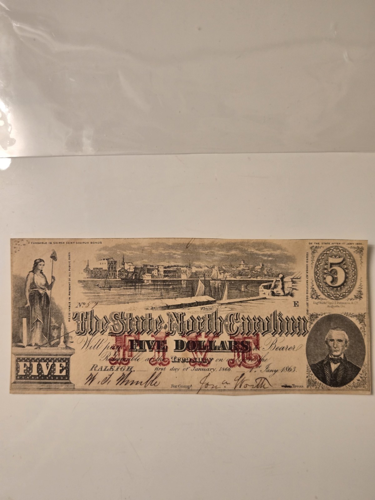1863 $5 North Carolina Confederate Note Crisp 1863 $5 North Carolina Confederate Note Crisp