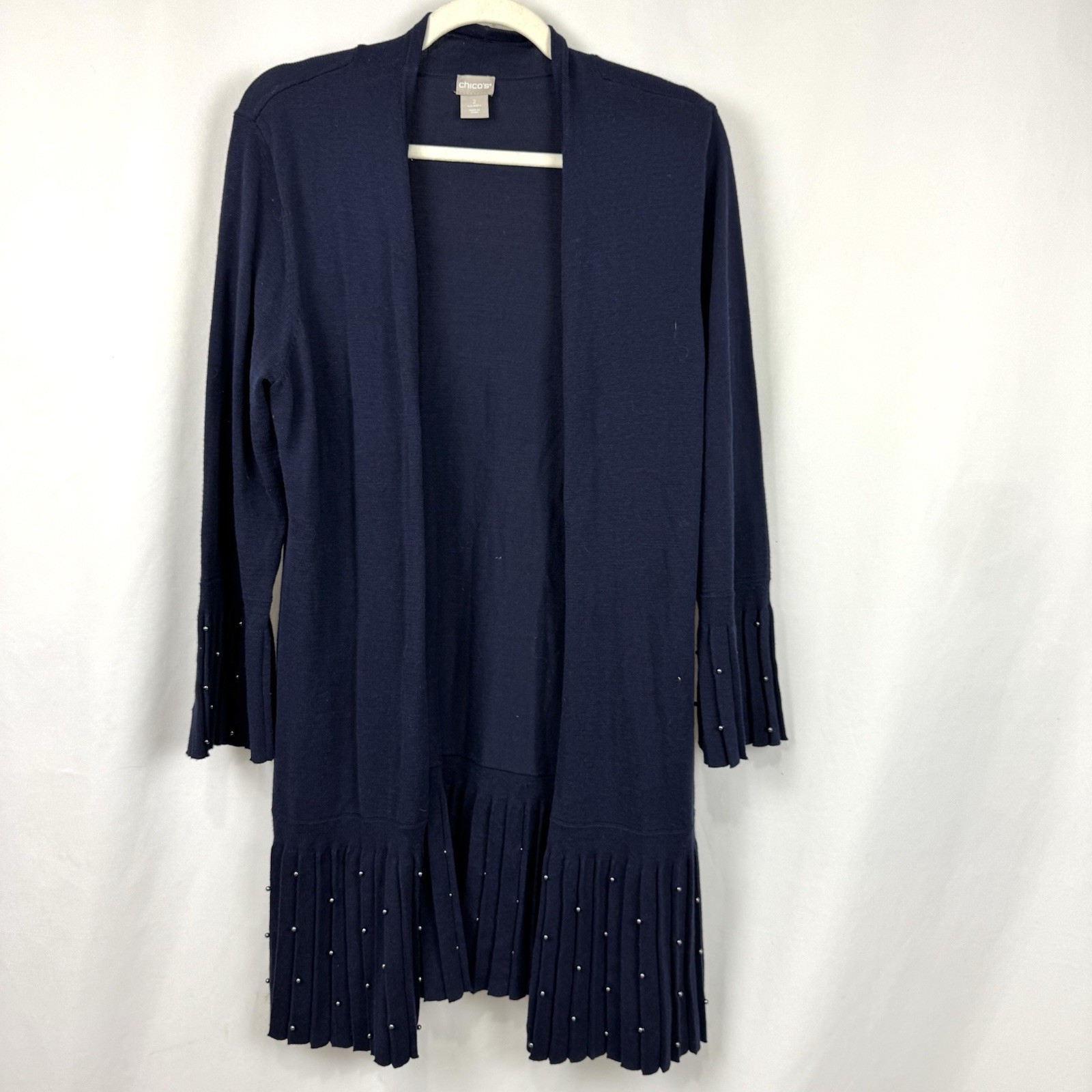 Chicos Women’s Sz L Navy Open Front Cardigan Sweater Pleated Beaded 3/4 Sleeve Chicos Women’s Sz L Navy Open Front Cardigan Sweater Pleated Beaded 3/4 Sleeve