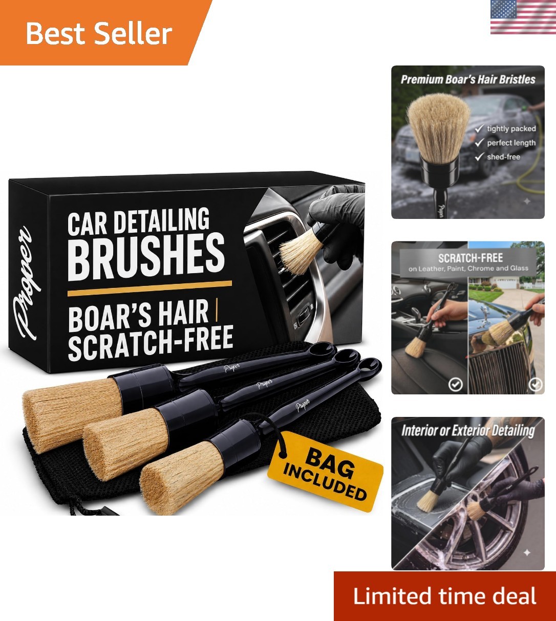 Professional Quality 3-Bristle Car Detailing Set for Precise Interior & Exterior