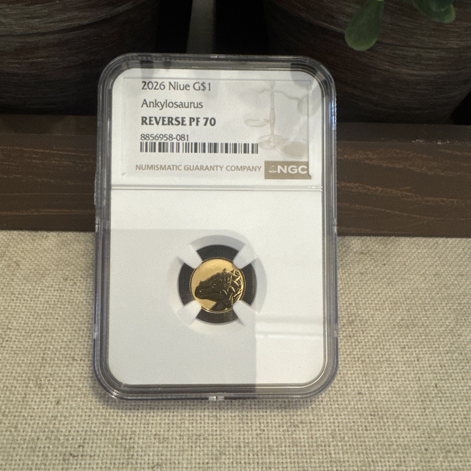 2026 Niue $1 Ankylosuarus 1 gram 22 kt gold Reverse PF70