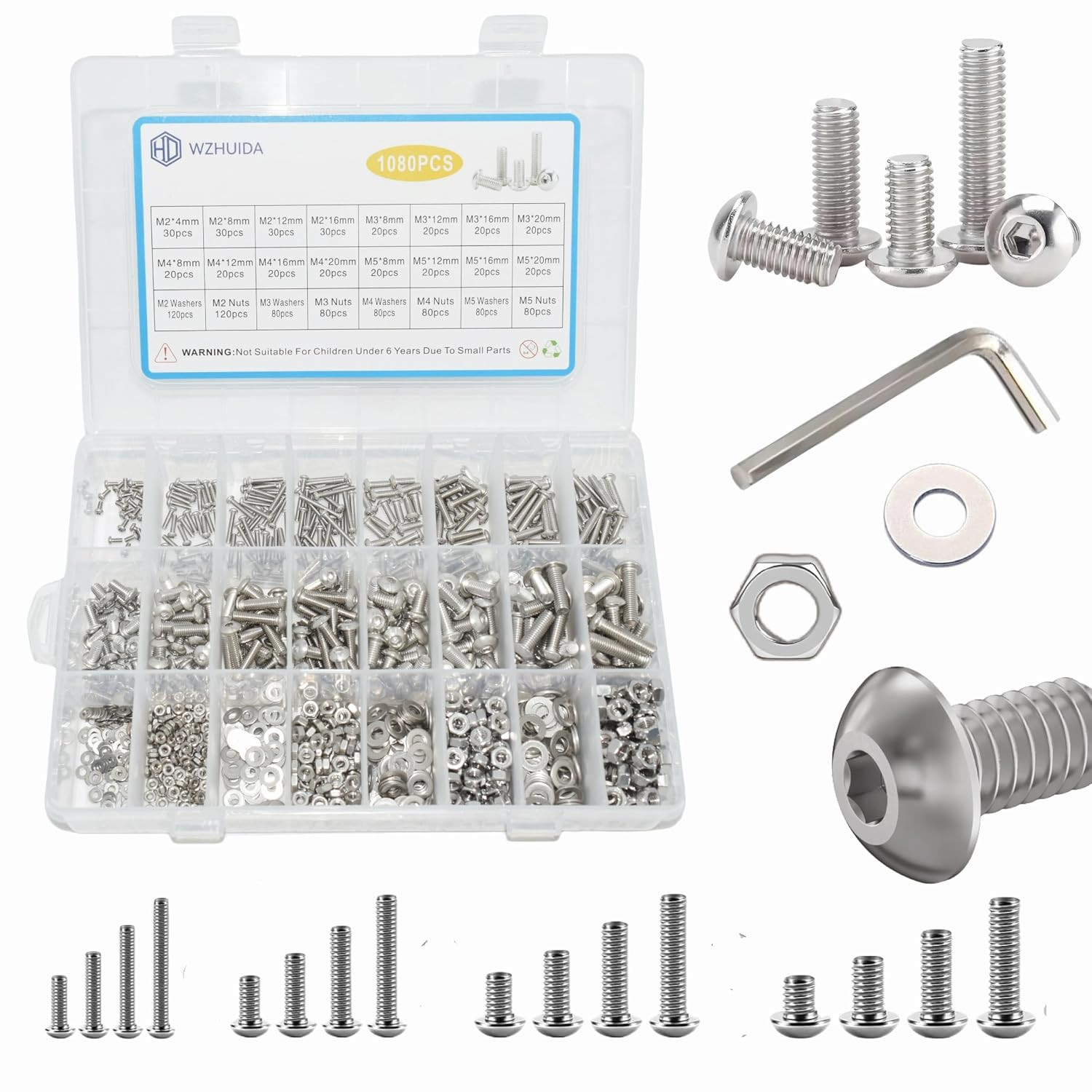 1080 Pcs M2 M3 M4 M5 Screw Assortment, Metric Hex Socket Button Head Bolts 1080 Pcs M2 M3 M4 M5 Screw Assortment, Metric Hex Socket Button Head Bolts