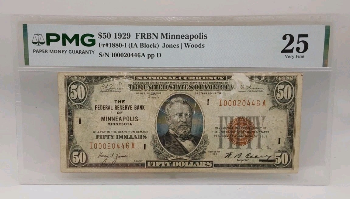 1929 $50 Federal Reserve Bank Note Minneapolis PMG Very Fine (VF) 25 Fr. 1880I