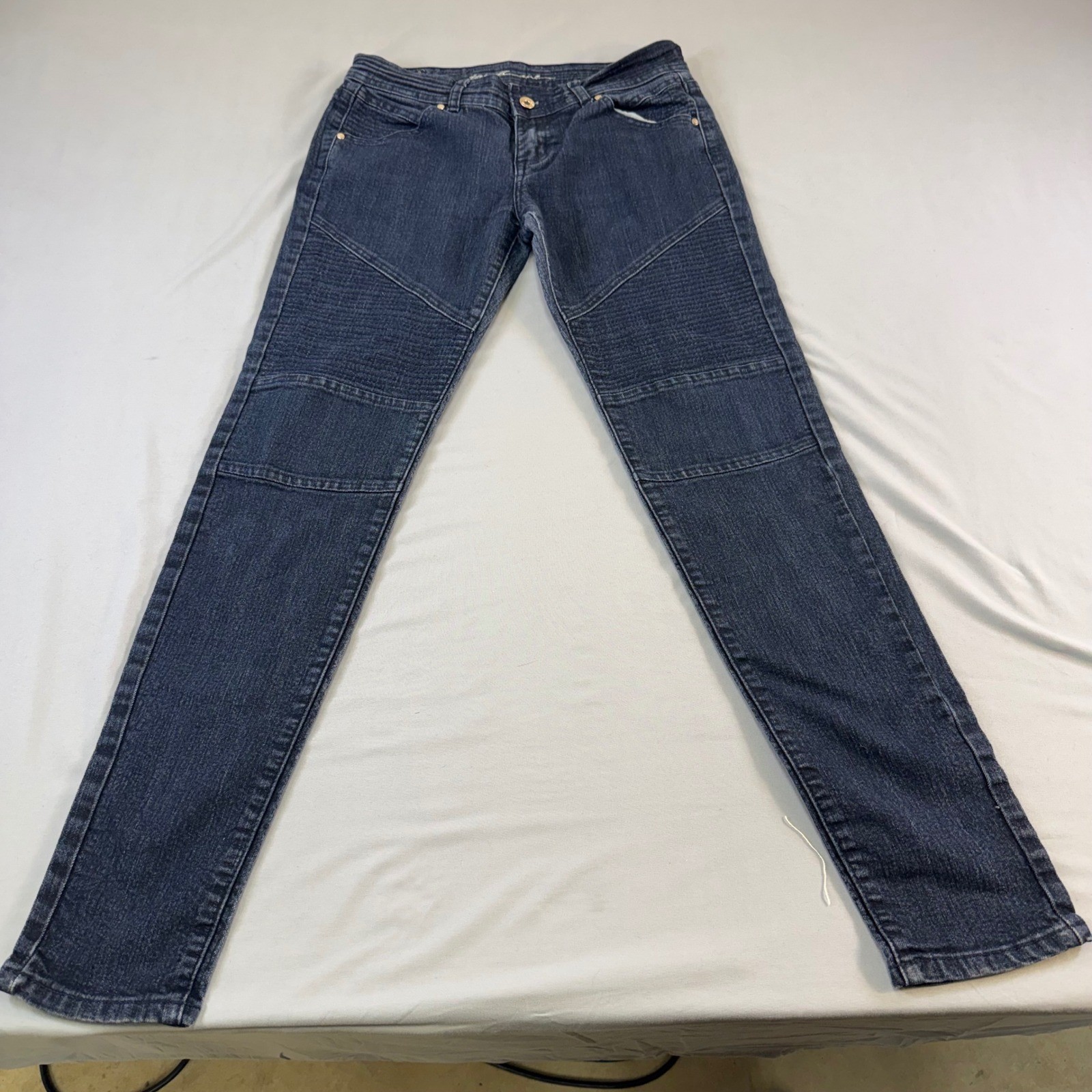 Touch Me Womens Dark Wash Moto Skinny Jeans Ribbed Knee Panels Size 9/10 Indigo