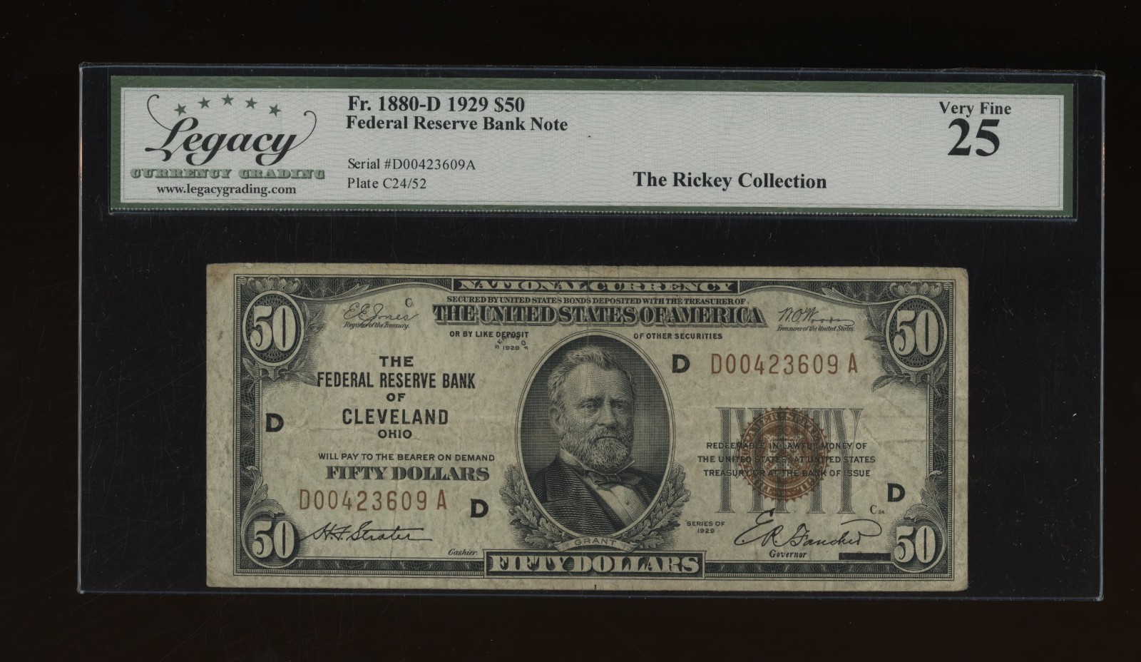 DBR 1929 $50 FRBN Cleveland Fr. 1880-D Legacy 25 Serial D00423609A