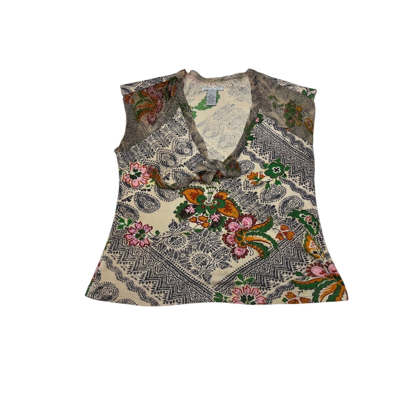 Alberto Makali Womens Large Paisley Floral V-Neck Ruffle Sleeveless Knit Top