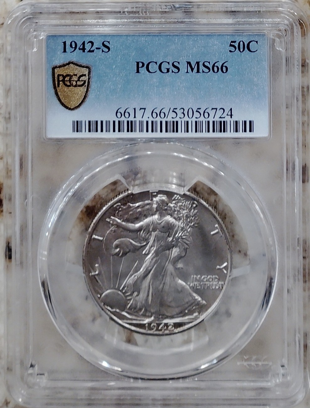 1942-S Walking Liberty half dollar, PCGSMS66; Superb Gem Unc, wartime issue