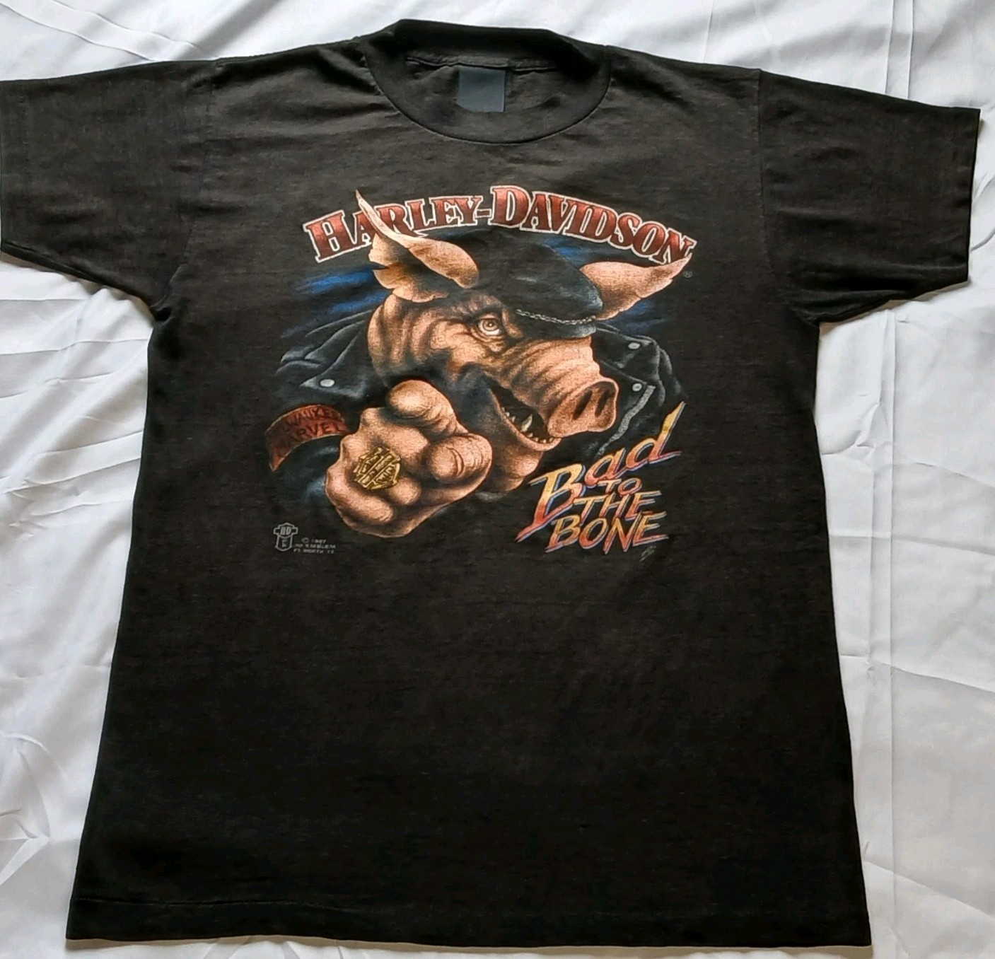 Vintage 1987 3d Emblem Hog Bad To The Bone Shirt Harley Davidson Medium Indiana