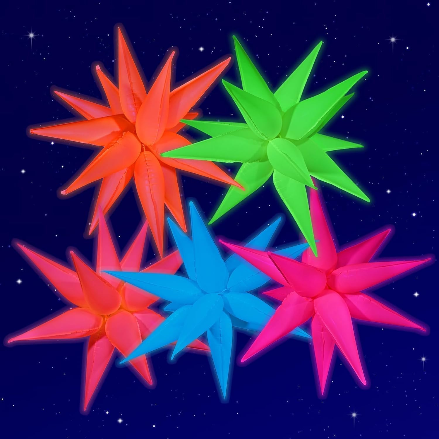 Mega‑L Glow in the Dark Party Supplies, 5 Pcs Neon Explosion Star Balloons