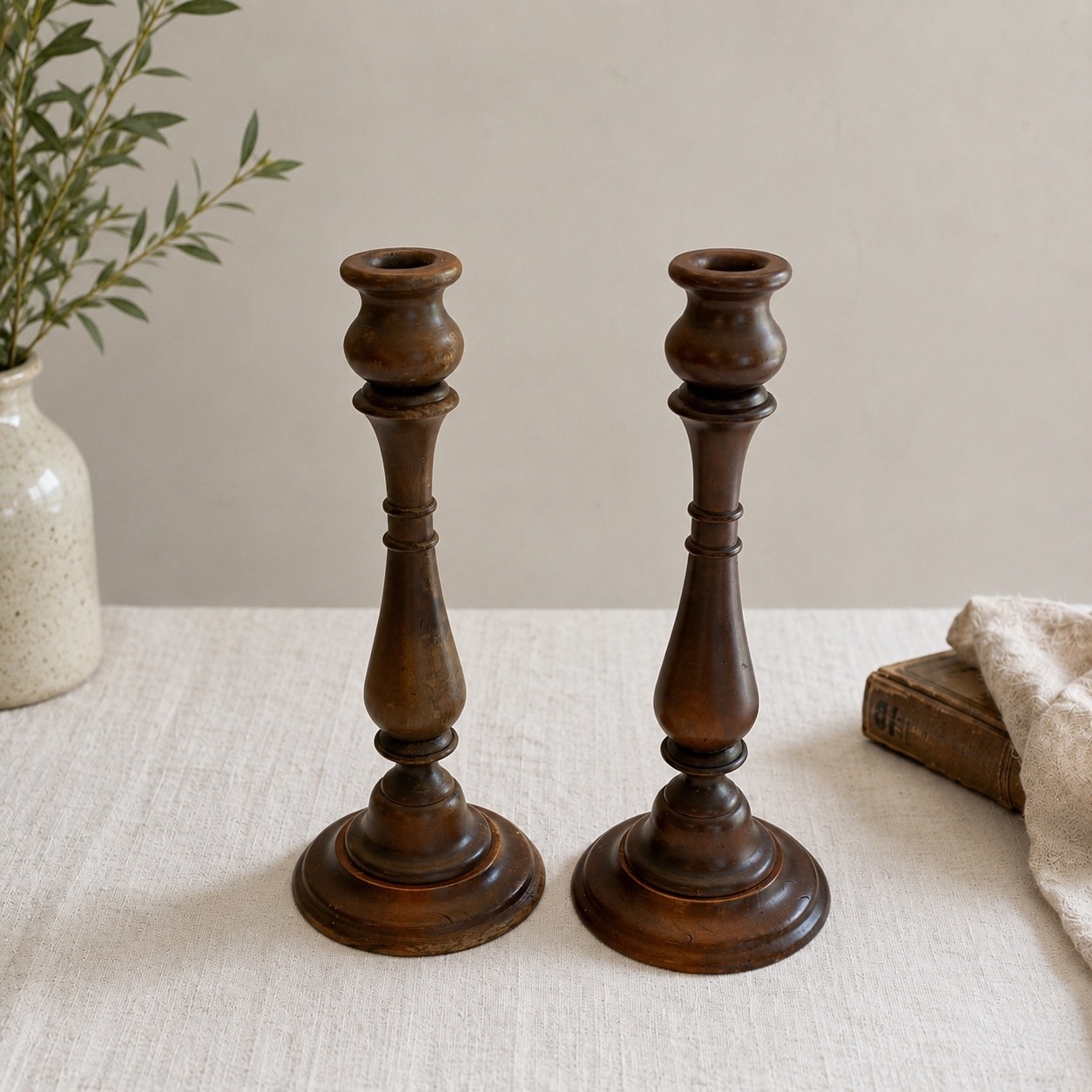 Pair Vintage Turned Wood Candlestick Holders Dark Wood Taper Candle Stands