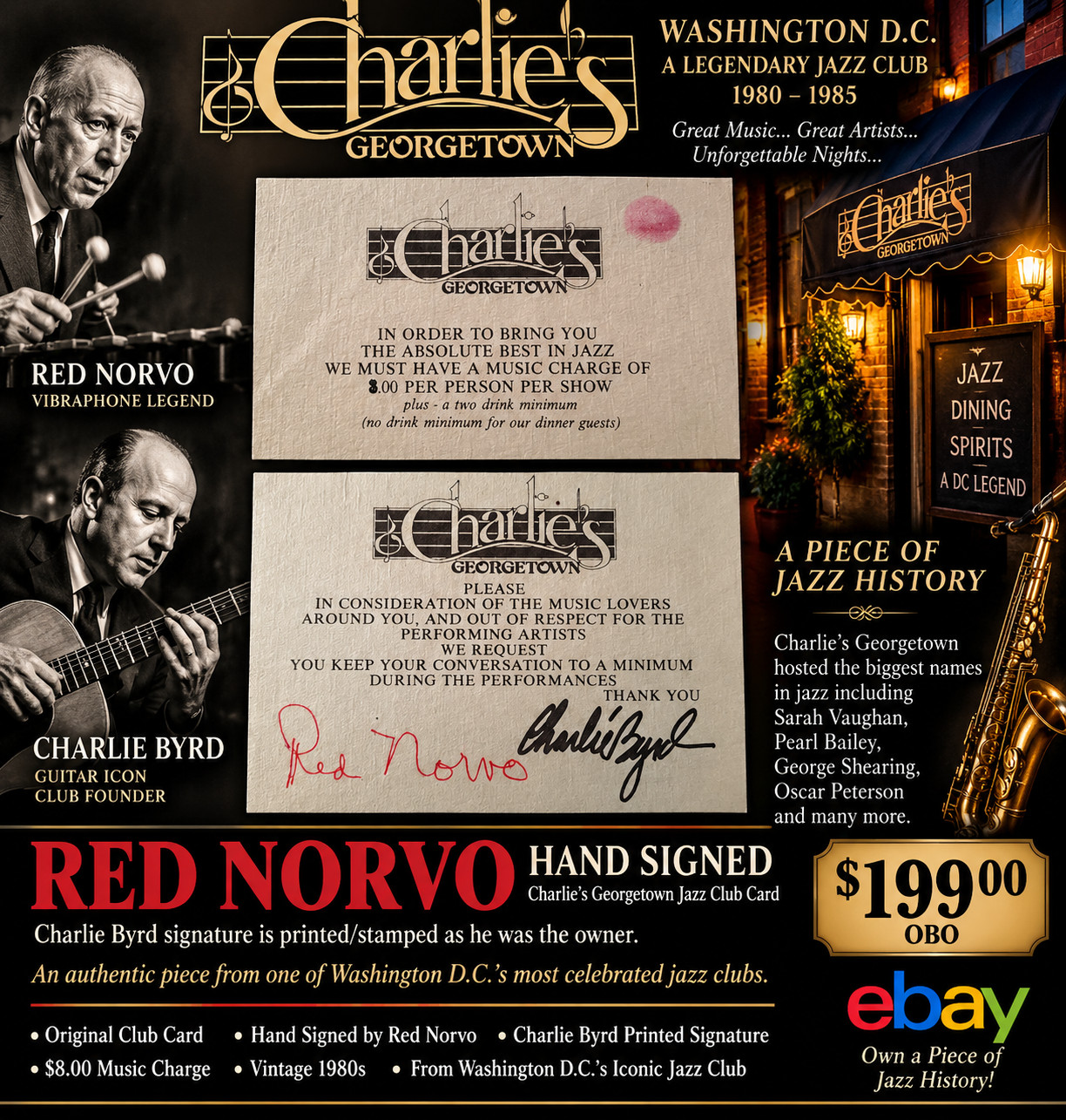 RED NORVO Signed Charlie’s Georgetown Jazz Club Card Charlie Byrd Vintage DC