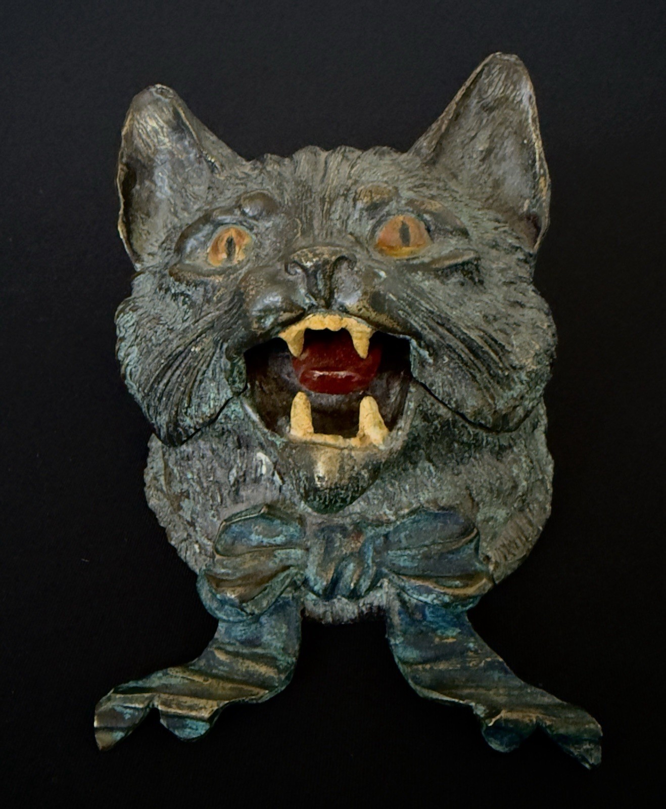 Cold Painted  Bronze Cat Head ink well with Hinged Lid