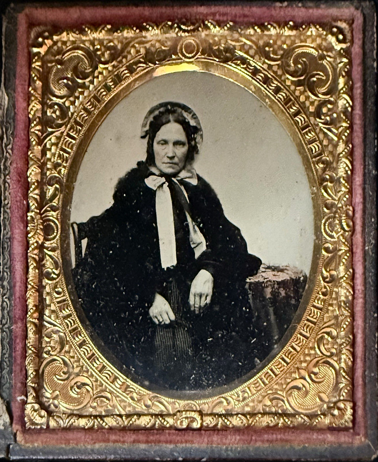 Civil War Era Ambrotype Photograph Portrait of Woman in Bonnet in 6th Plate Case