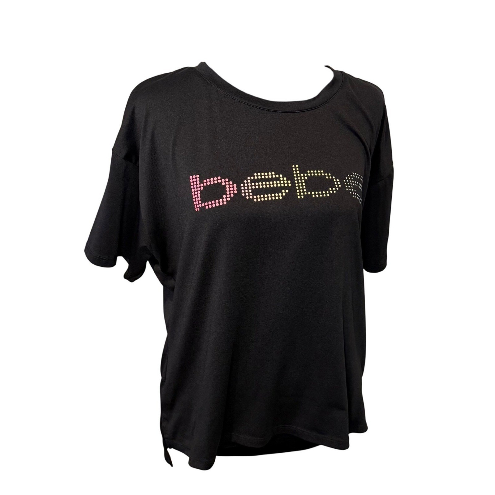 Bebe Sport Top Size L Black Colorful Logo Athleisure Stretch Sporty Activewear