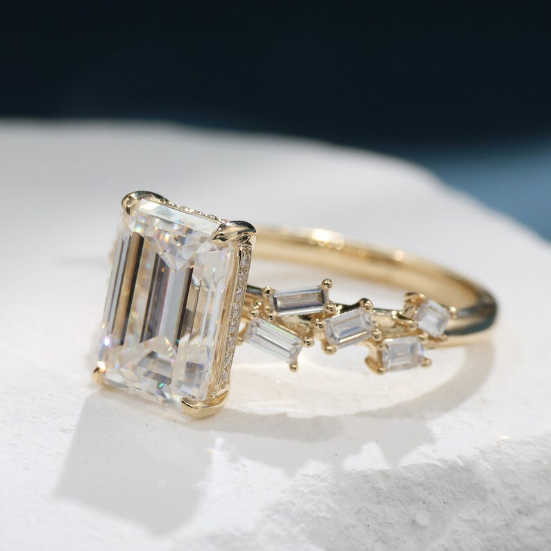 2.20 CTW Emerald Cut Real Moissanite With Baguette Accents Engagement Ring