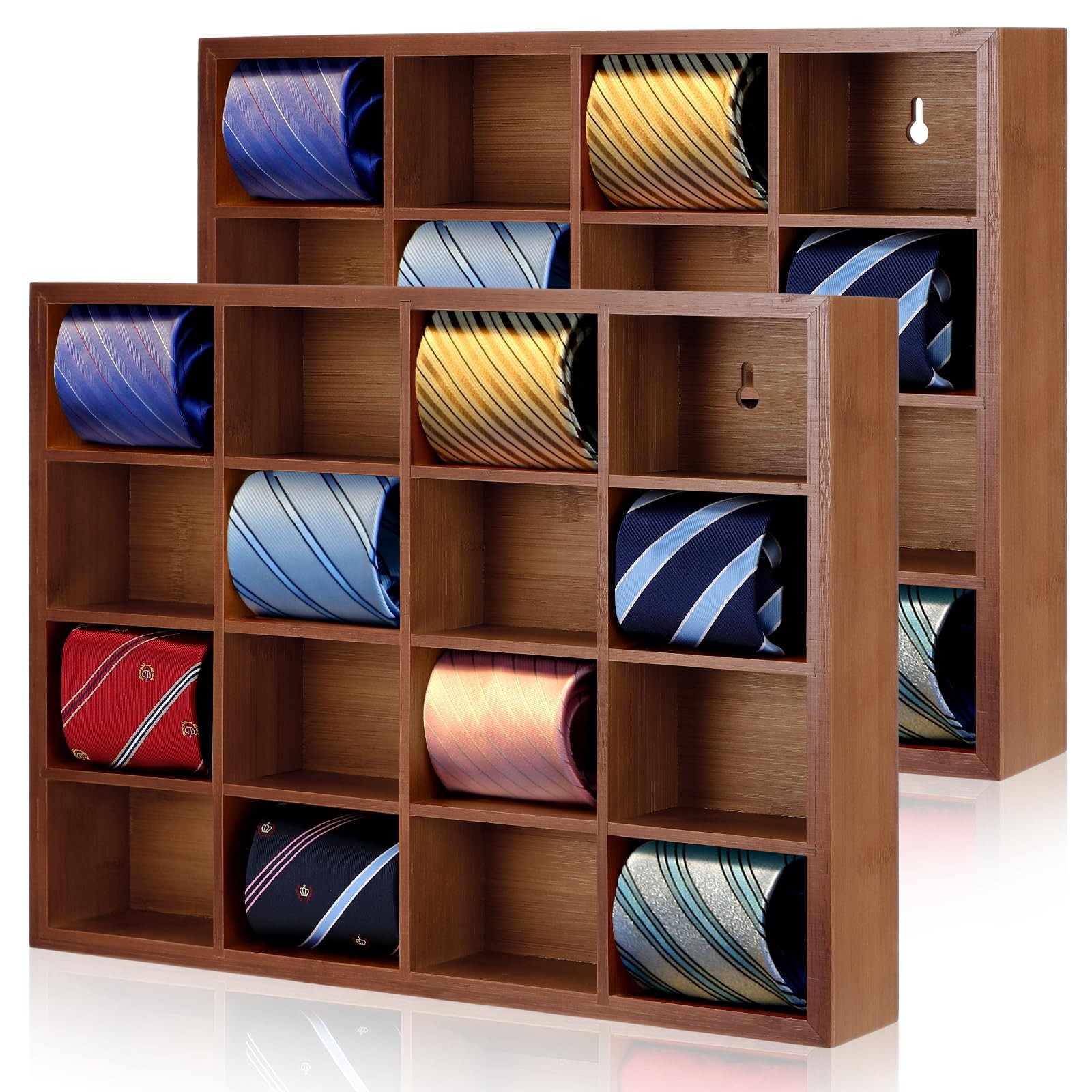 Wesiti 2 Pcs Tie Box Organizer for Men, Wall Mounted Tie Rack, Dark Brown