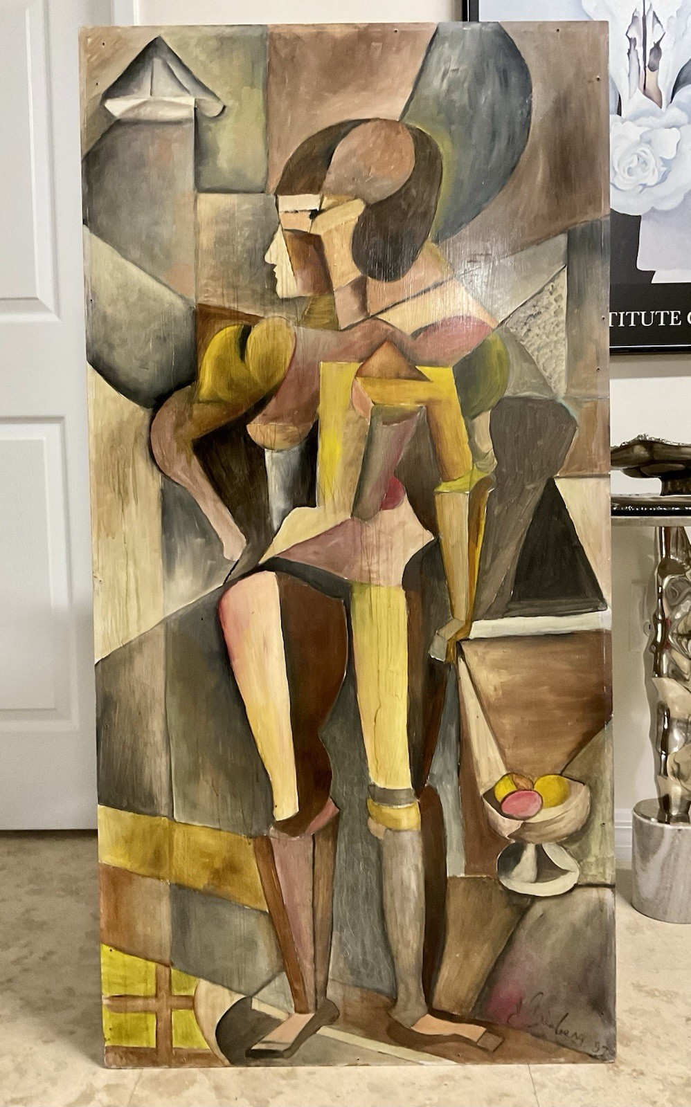 Original Vintage Cubo-Futurist Style Oil Painting After Lyubov Popova, 24” x 48”