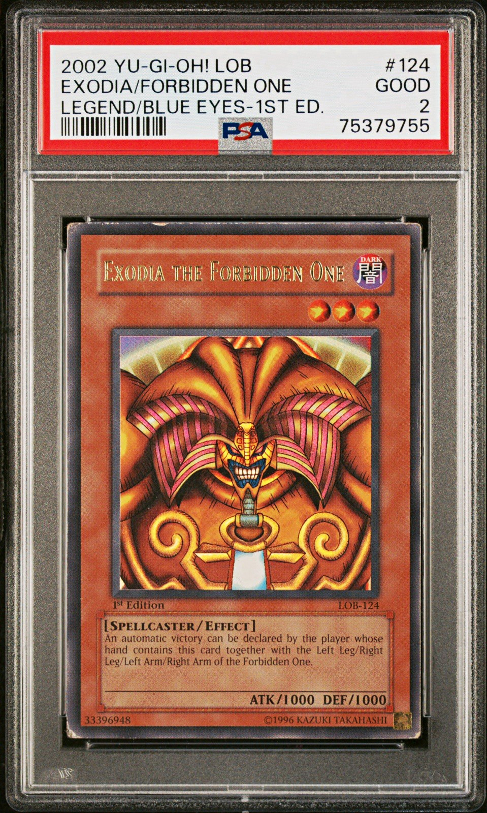 YuGiOh PSA 2 2002 Yu-Gi-Oh Exodia the Forbidden One LOB-124 Ultra Rare 1st Edit