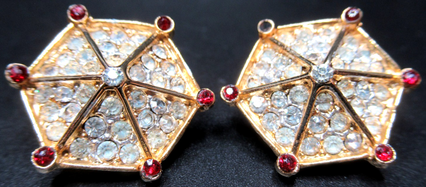 CORO Red & Sparkling Ice Rhinestone Spider Web Vintage Clip Earrings