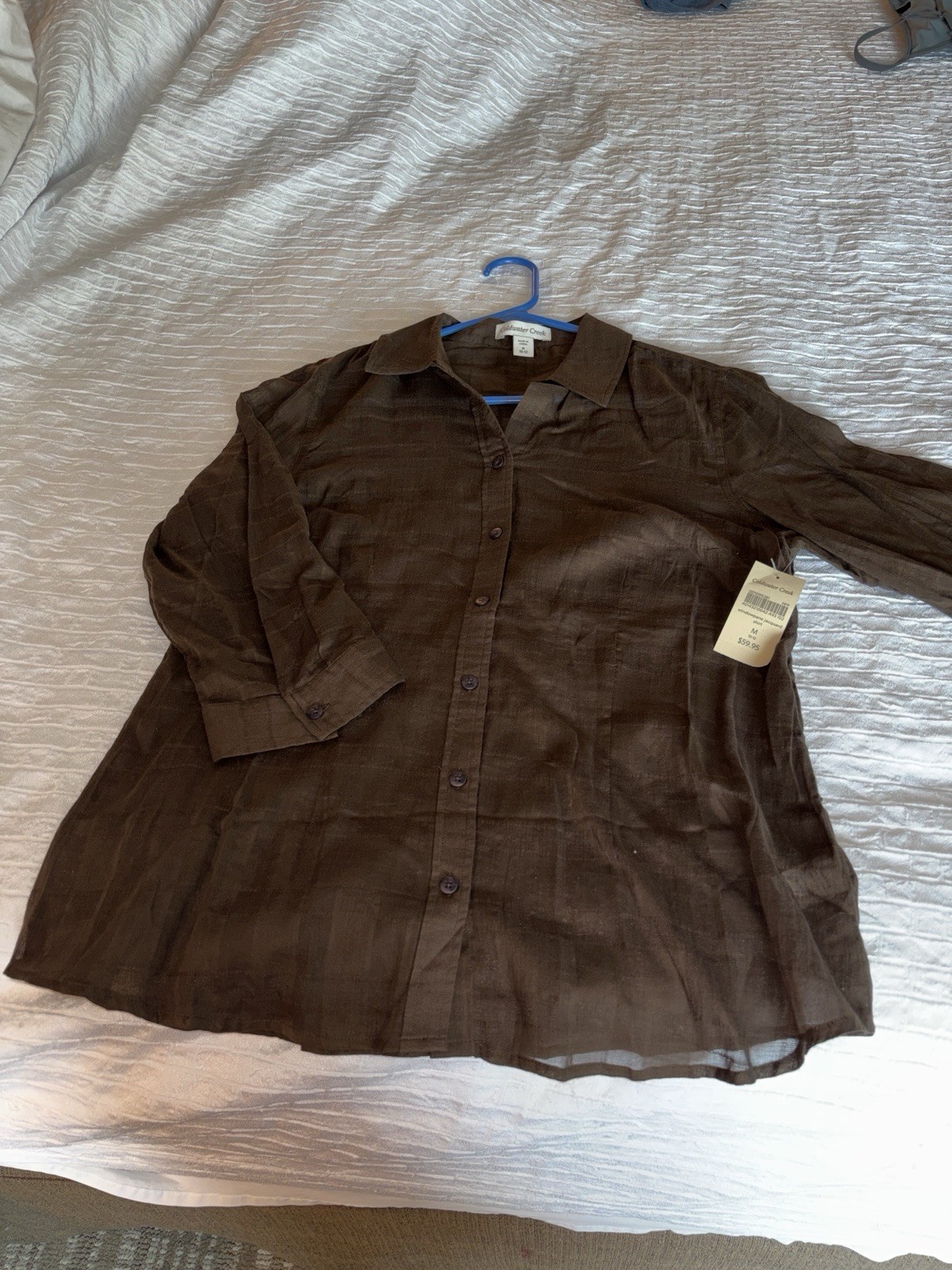 Coldwater Creek Women’s Brown Plaid Sheer Lightweight Collared Button-Up M Coldwater Creek Women’s Brown Plaid Sheer Lightweight Collared Button-Up M