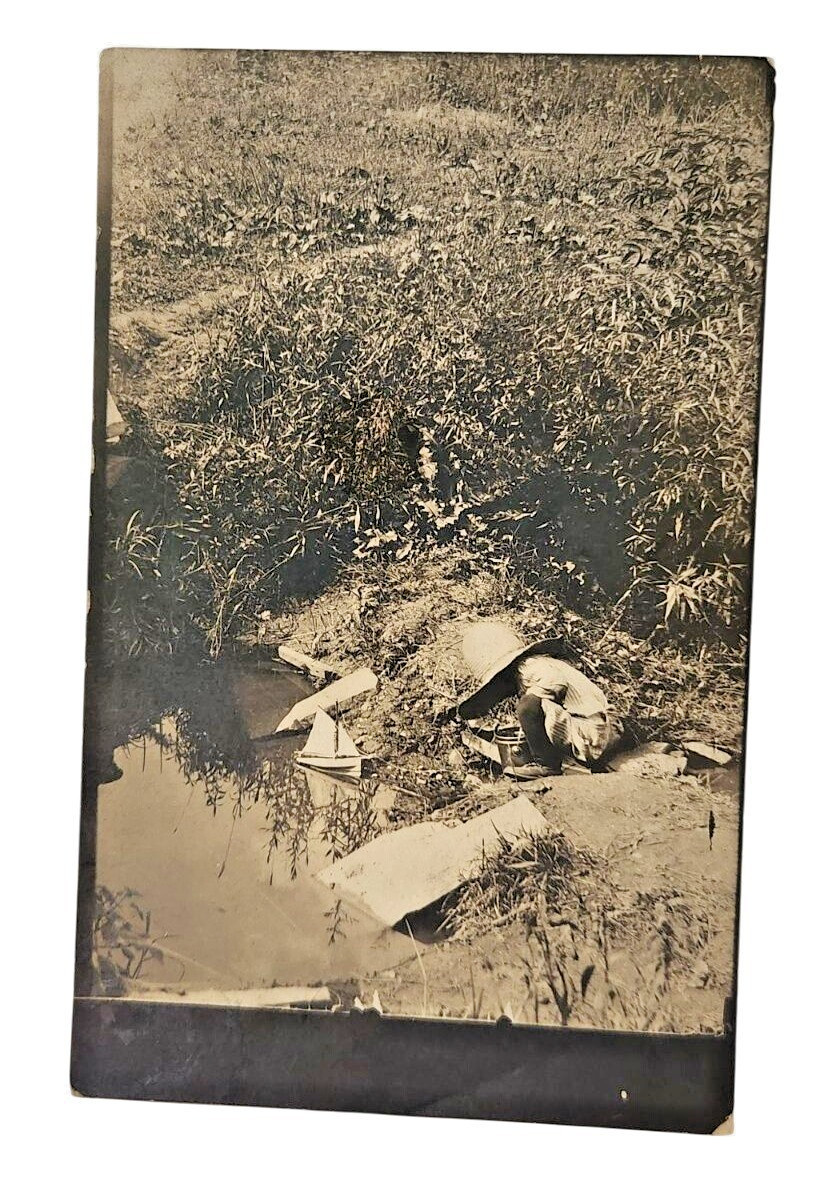 Vintage RPPC Real Photo Postcard Person Conical Hat Creek Rural Scene c1910s