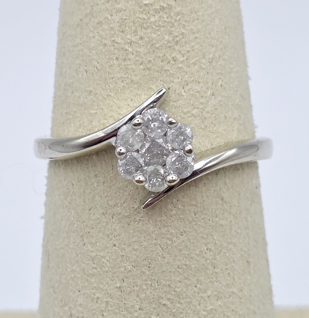 Vintage 10k White Gold Diamond Flower Rosette Cluster Bypass Cocktail Ring 7.25 Vintage 10k White Gold Diamond Flower Rosette Cluster Bypass Cocktail Ring 7.25