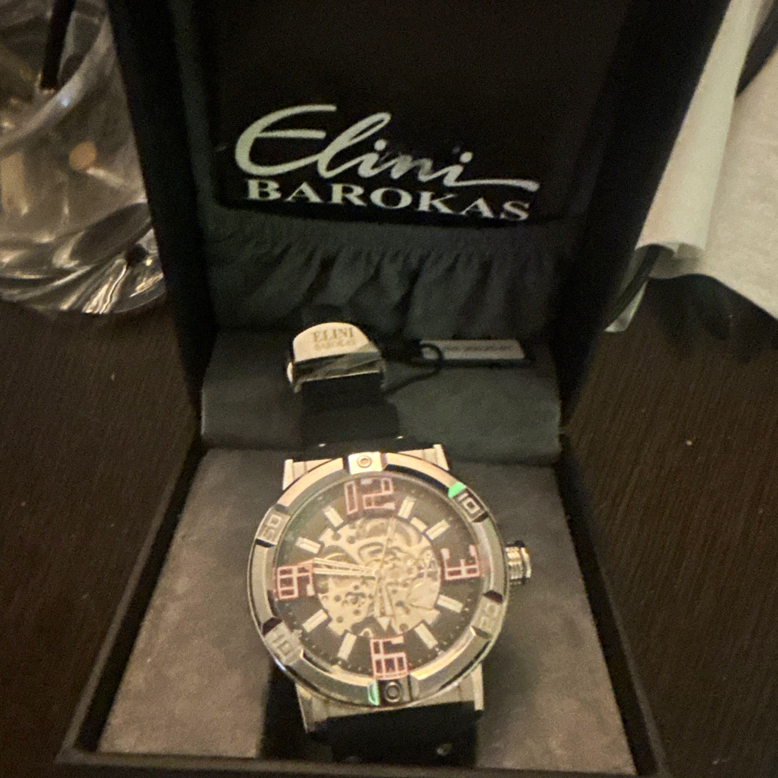 Elini Barokas Skeleton Dial Automatic Men’s Watch Black Rubber Strap Box Elini Barokas Skeleton Dial Automatic Men’s Watch Black Rubber Strap Box