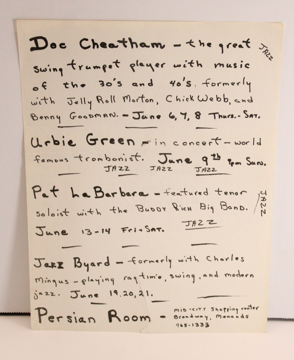 Rare Jazz Ephemera Persian Room Flyer Buddy Rich Big Band Jelly Roll Morton Era