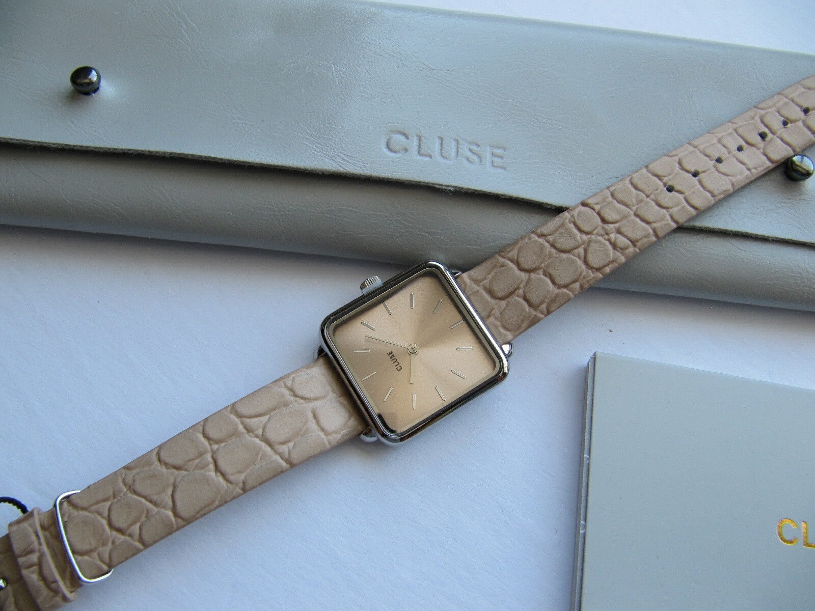 Cluse La Tetragone CL60019 Women Watch Silver Almond Alligator Leather Strap 