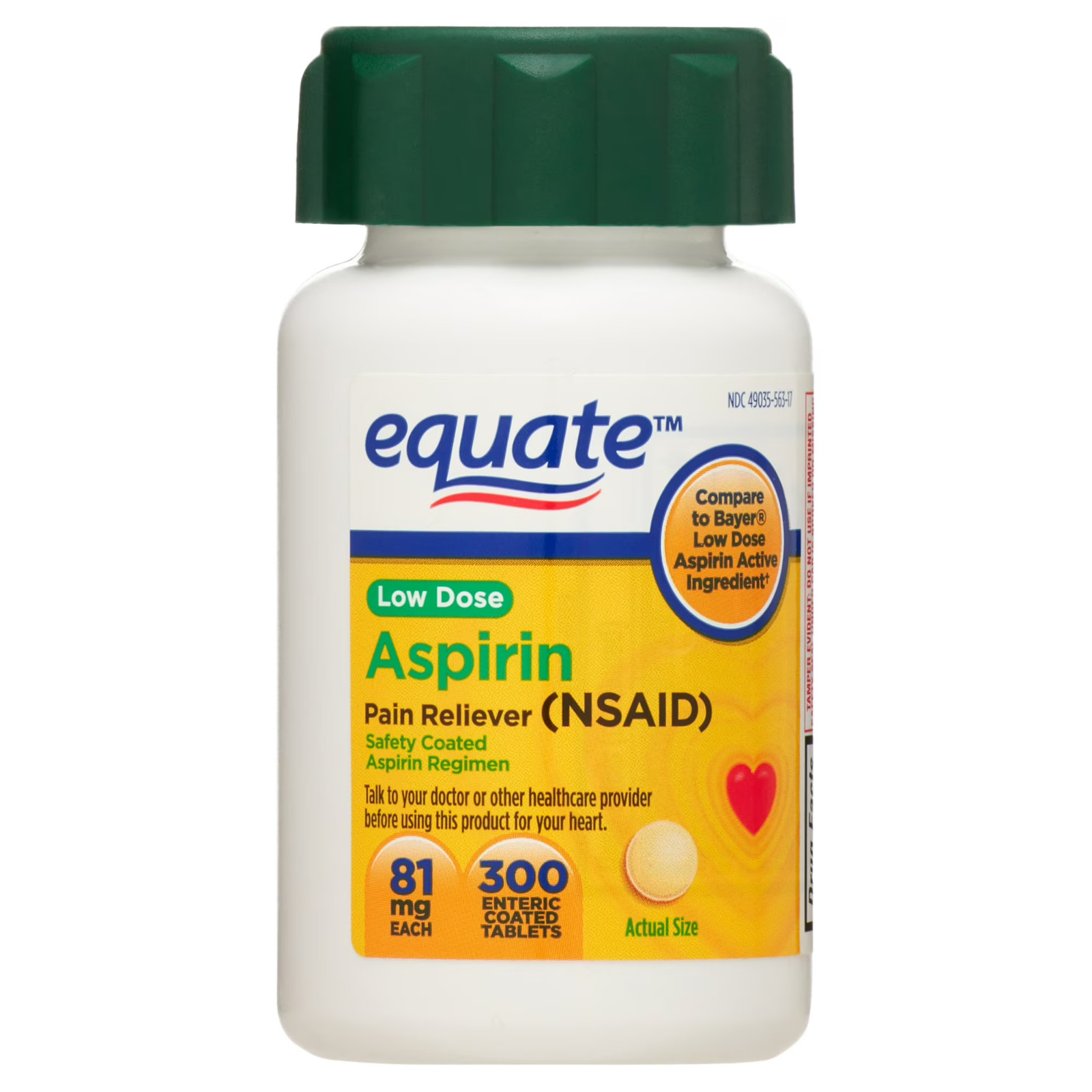 Equate Low Dose Aspirin Pain Relief Safety Coated Tablets, 81 mg, 300 Count, Com