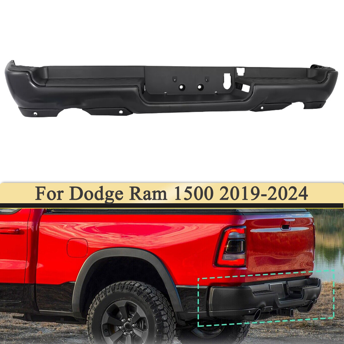 For 2019-2023 Dodge Ram 1500 Rear Bumper Assembly Black W/ Park & Dual Exhaust