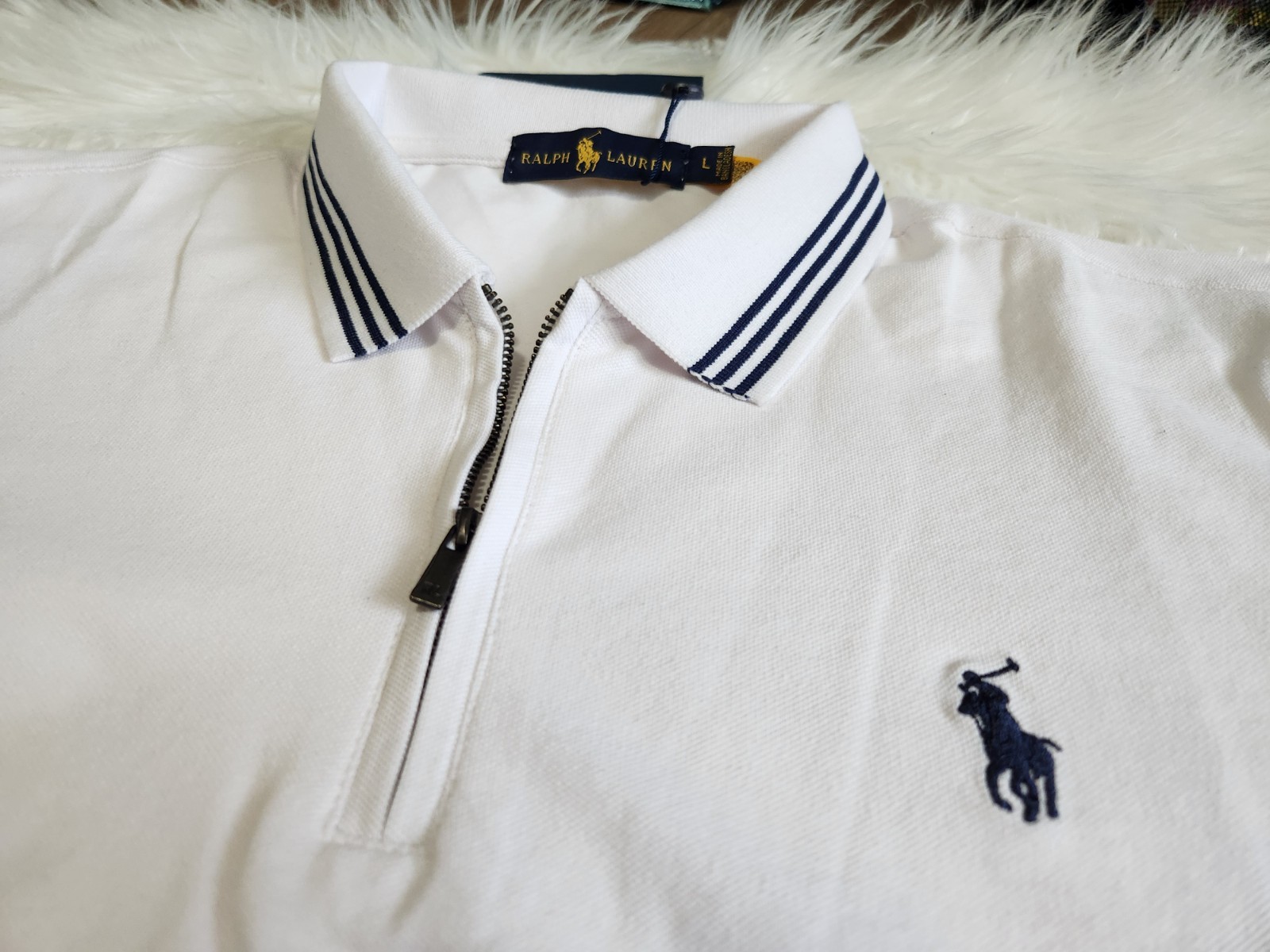 Polo Ralph Lauren Men\'s Zip Polo Shirt White Short Sleeve Regular Fit Size L
