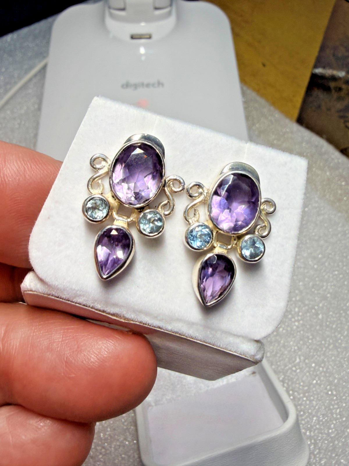 Designer Deco- Rare - Vintage Sterling SIlver - Amethyst & Topaz - Earrings