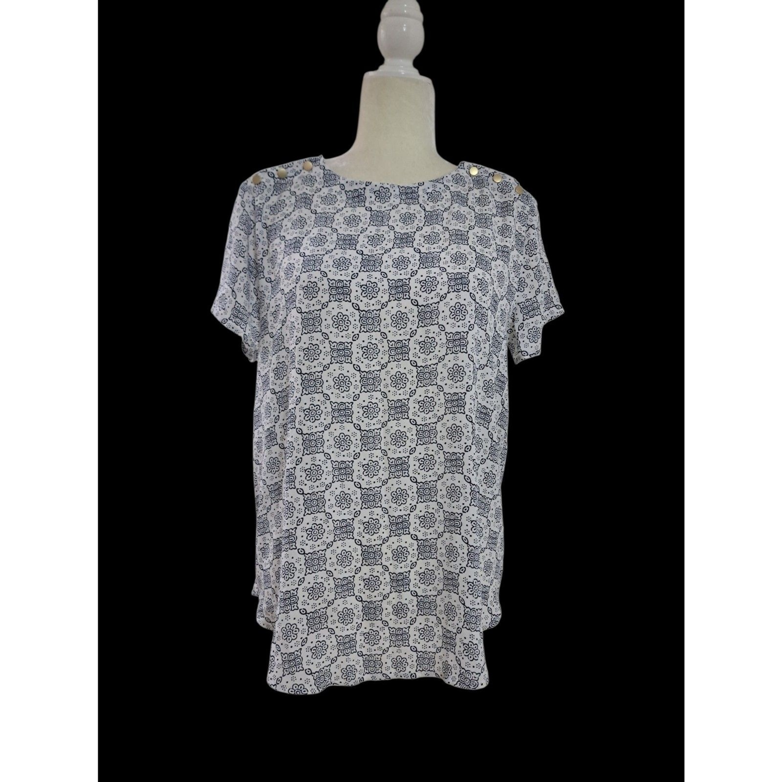 Loft Women\'s Cap Sleeves  Casual Printed Top Blouse Navy Sz Medium