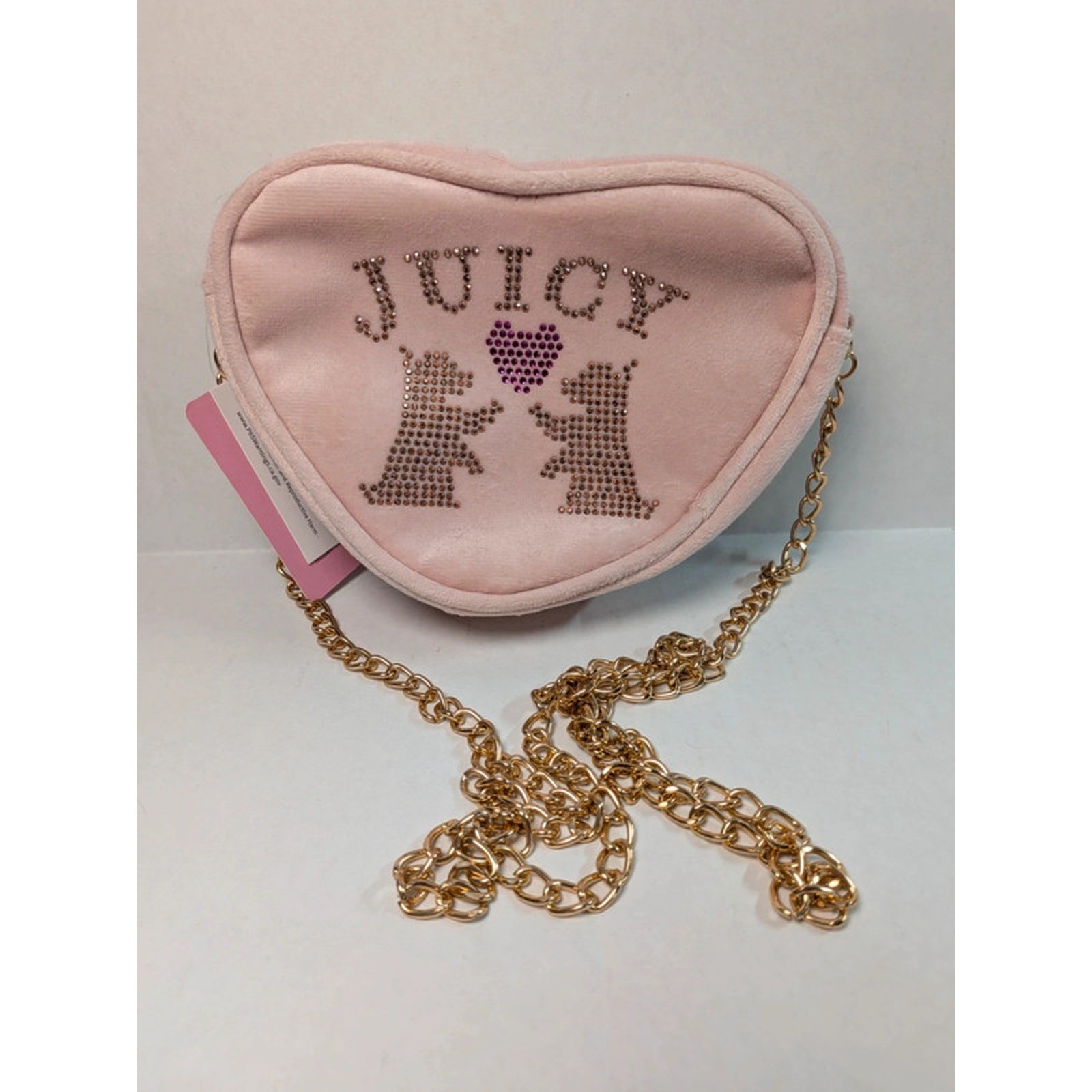 NWT Juicy Couture kids Pink Velvet Heart Crossbody Bag Rhinestone Dog Gold Chain