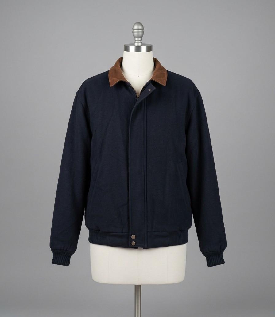 Vintage 80-90\'s LL Bean Navy Wool Plaid Lined Mens Bomber Jacket Suede Collar L 