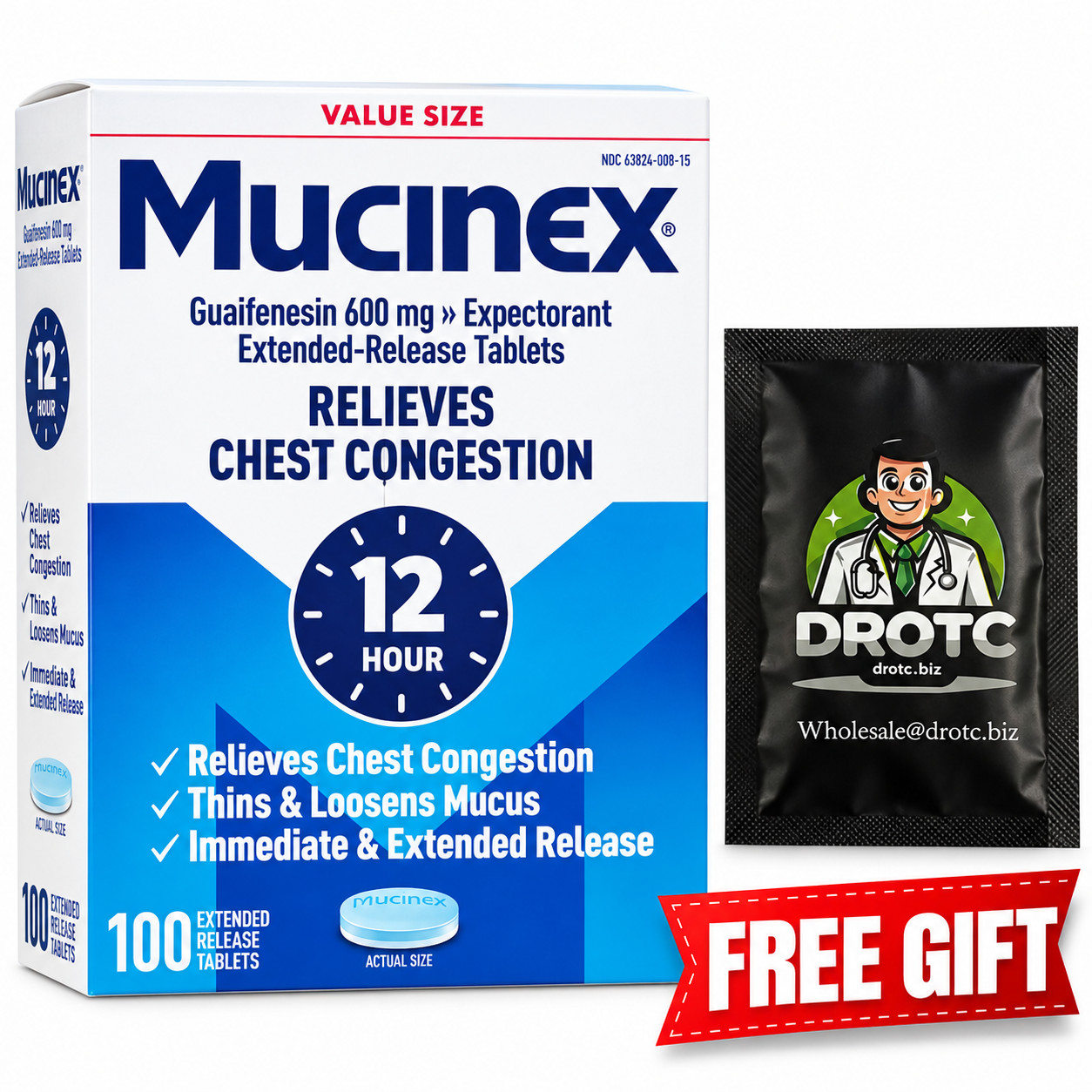 Mucinex 12-Hour 600 mg Guaifenesin 100 Bi-Layer Tablets + Free Wipe EXP 06/27