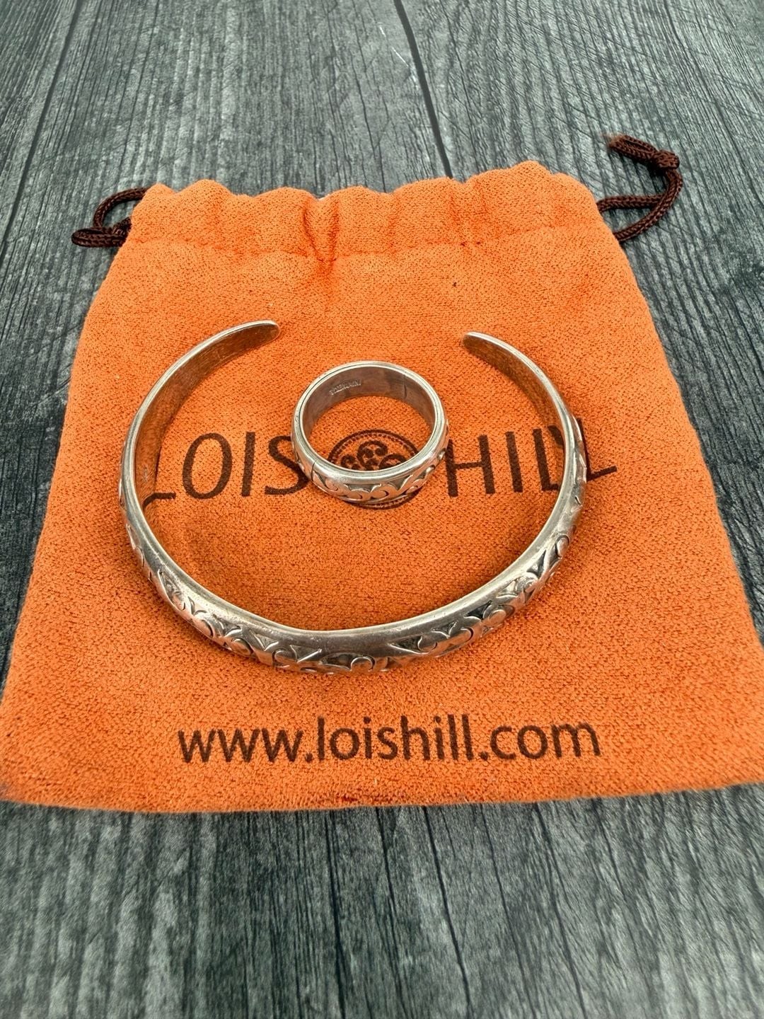 Lois Hill Sterling Silver Etched Cuff Bracelet and Ring Set