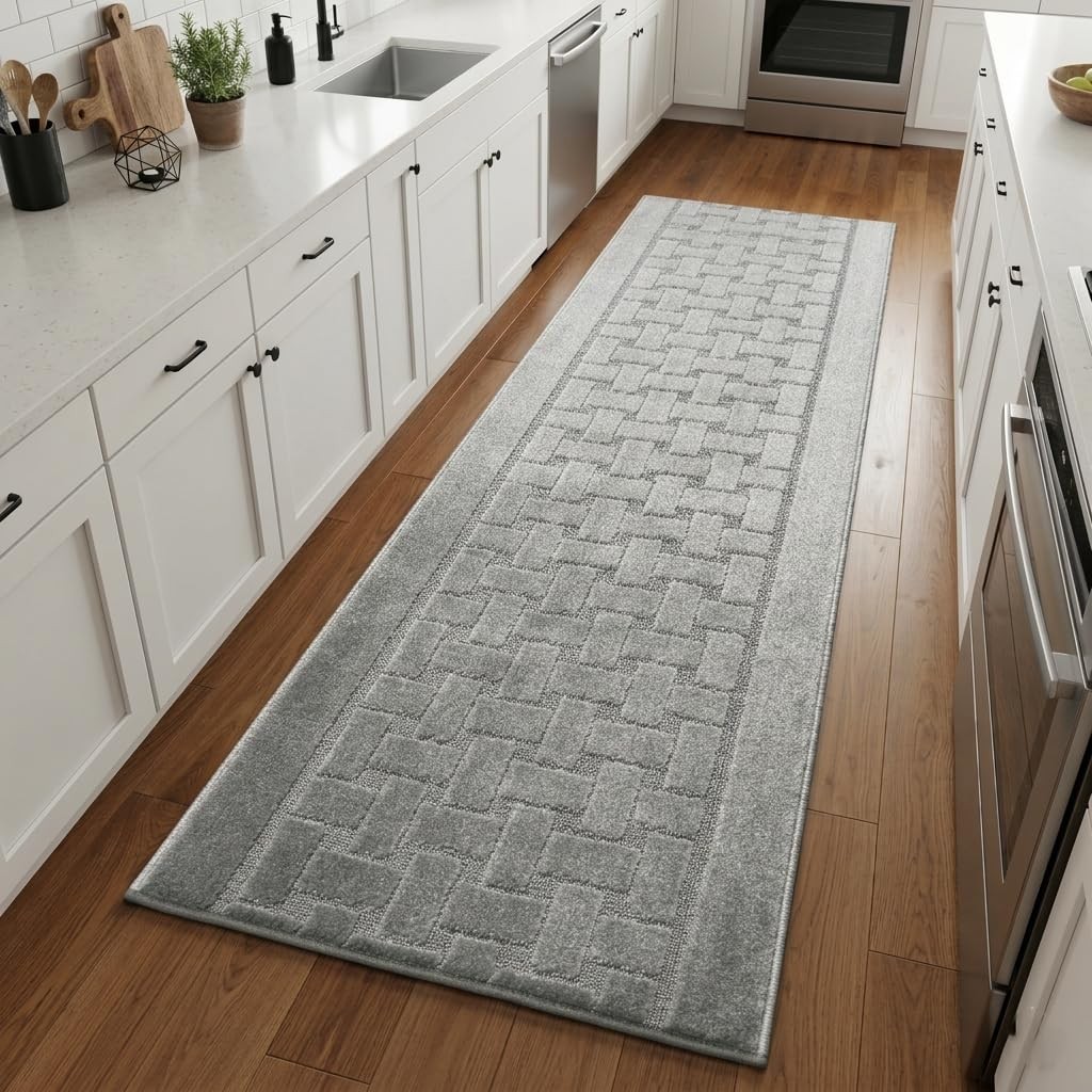 Runner Rug 14 ft, Non-Slip Washable Rug, Grey Textured Carpet for Kitchen Hal...