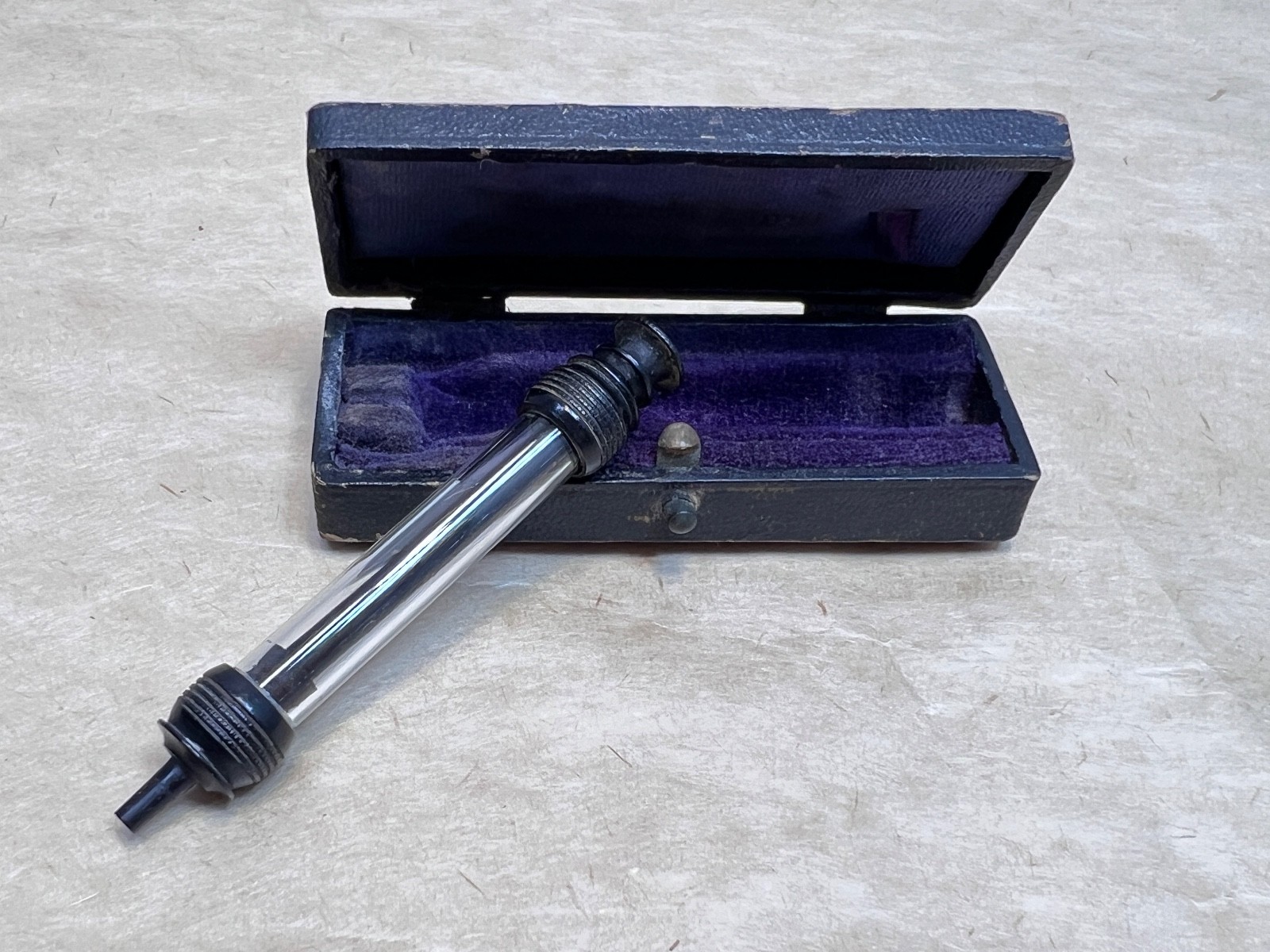 Antique Victorian Italian Medical Glass Gutta Percha Hypodermic Syringe &Box