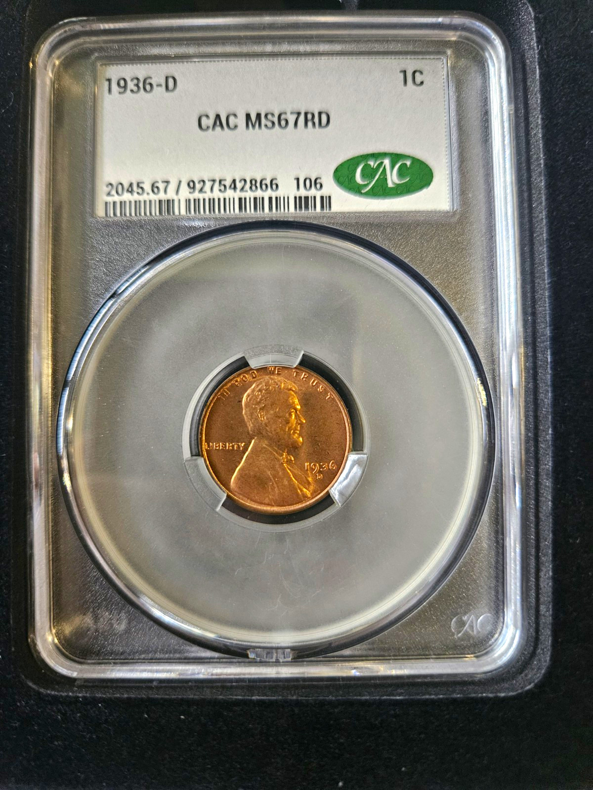 1936-D Lincoln Wheat Cent 1C CAC MS67 RD Certified Coin Cert #927542866